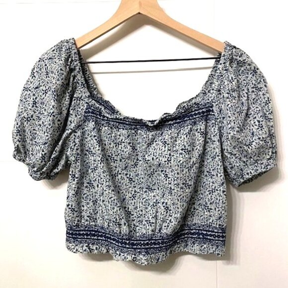 Madewell Blue Jeanette Crop Peasant Top Florentine Floral Size Small - Picture 3 of 16